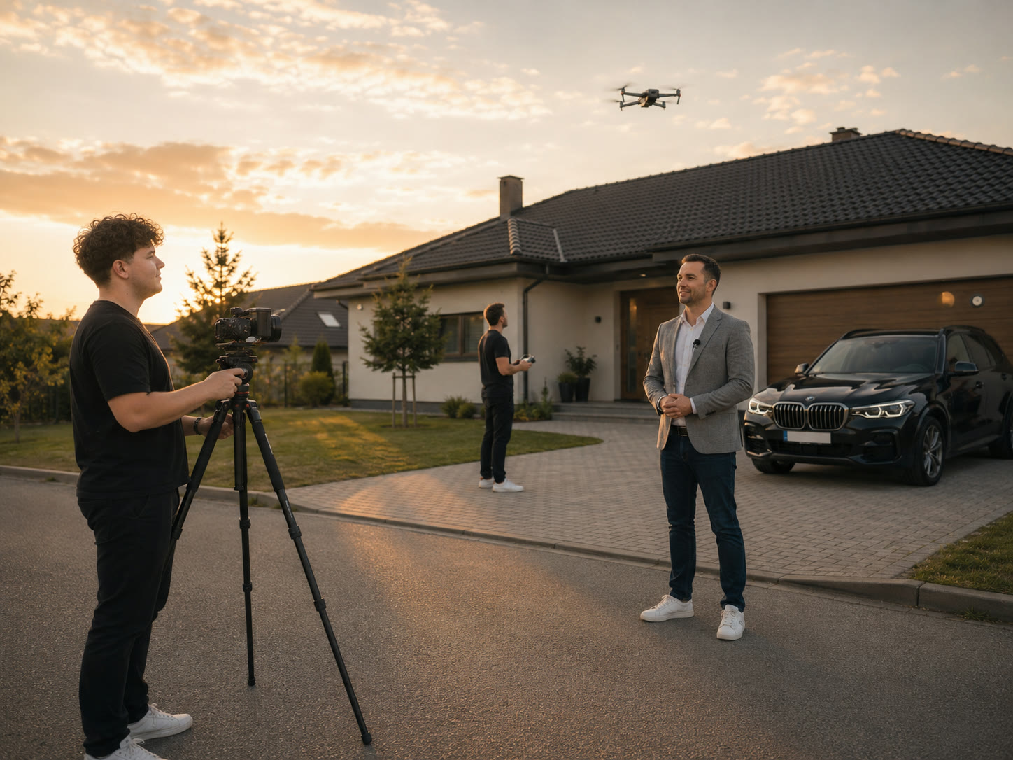 Natáčení promo videa pro realitního makléře, kameraman, makléř, dron